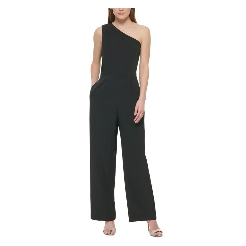 Vince Camuto Black One-Shoulder Asymmetrical Pleated Jumpsuit with Pockets Sz 6